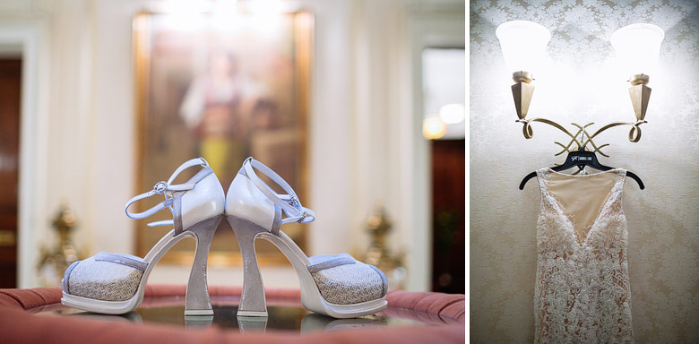 Detalles de los zapatos y vestido de novia